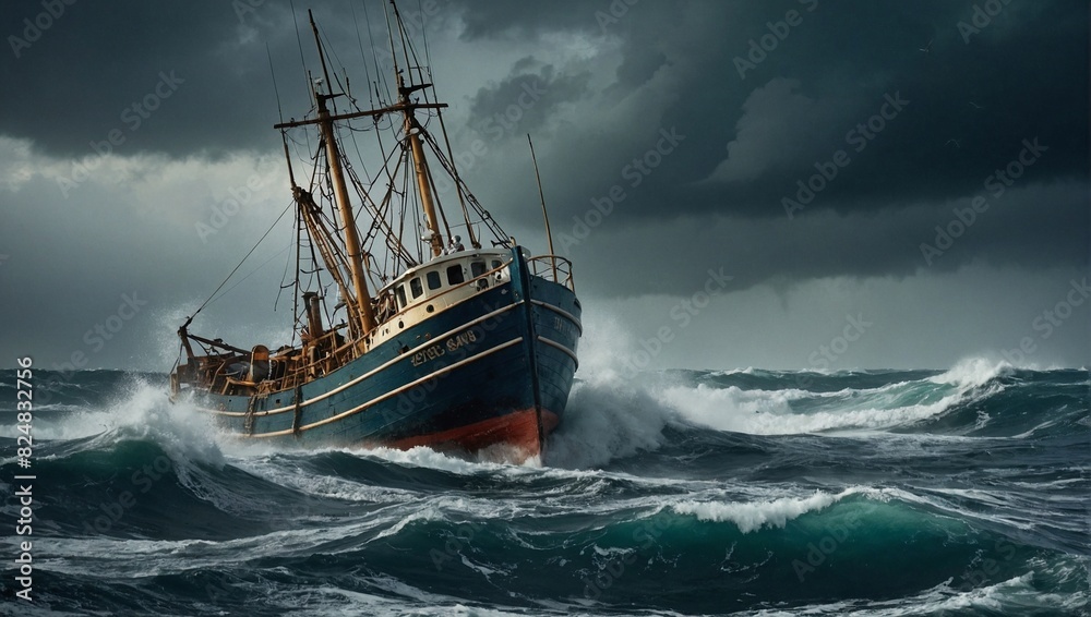 Obraz premium image of a wooden fishing trawler battling