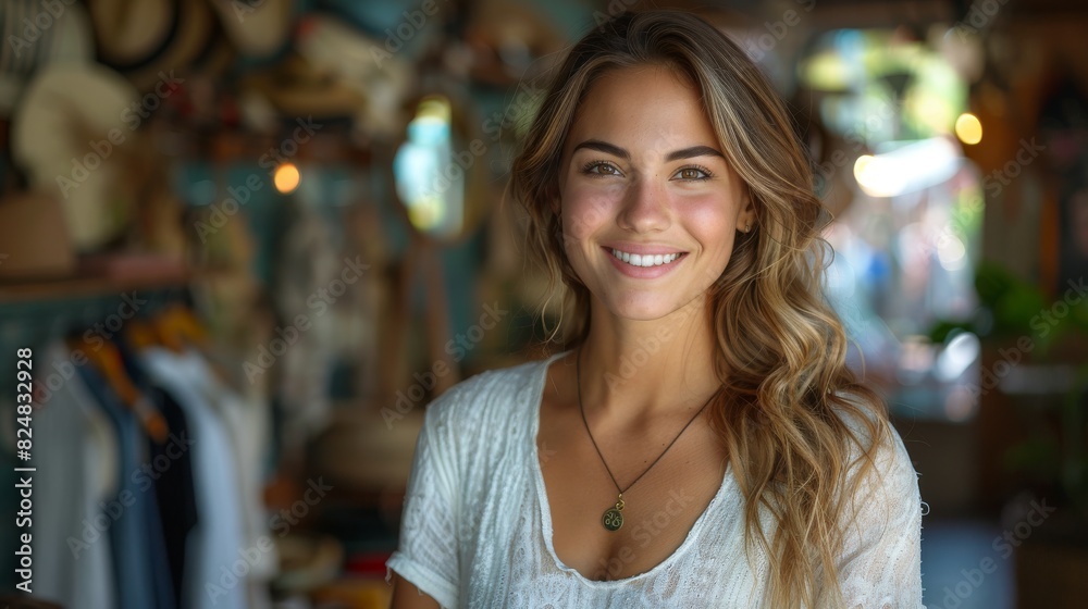 A radiant young woman with a charming smile is standing in a cozy clothing boutique with soft lighting