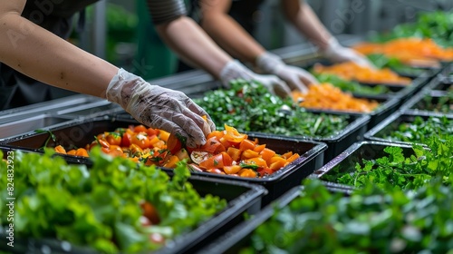 Food service employees engage in meal prep, placing freshly cut vegetables into serving trays photo