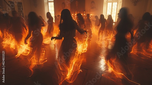 A dramatic and artistic image portraying dancers with fiery trails in what appears to be a ritual or performance in a vintage ballroom photo