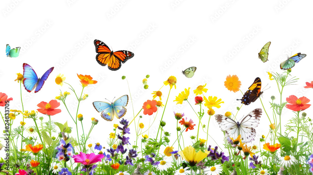 A vibrant field filled with colorful flowers attracting numerous butterflies fluttering around