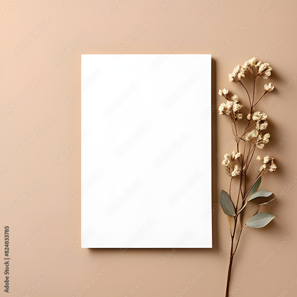 Front View Blank Greeting Card Invitation Mockup with Dry Flowers on a Modern Wooden Plate - Paper Mock-up Front View Blank Greeting Card Invitation Mockup with Dry Flowers on a Modern Wooden Plate - Paper Mock-up