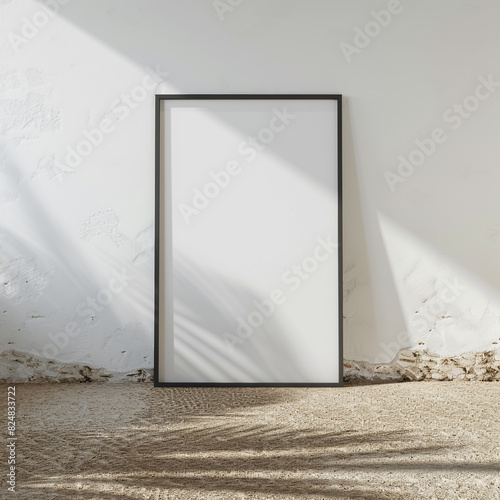Blank frame in an empty room with a white wall and a sisal floor. 3D rendered mockup in ultra HD.