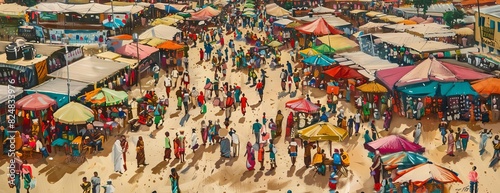 A bustling African market with people buying and selling goods under colorful umbrellas.