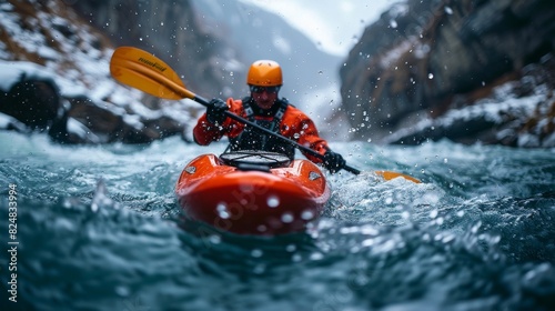 An individual clad in a red kayak suit paddles fiercely through the snowy river rapids surrounded by steep mountains © familymedia