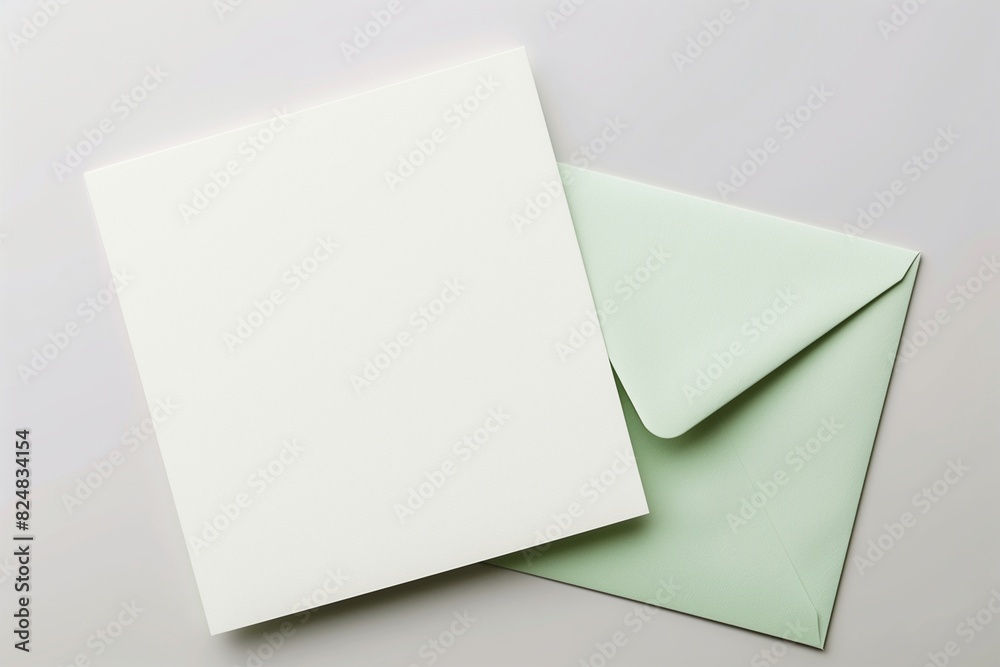 Preparation for a greeting card. Blank white card with pale green envelope, template mock up. Preparation for a greeting card. Blank white card with pale green envelope, template mock up.