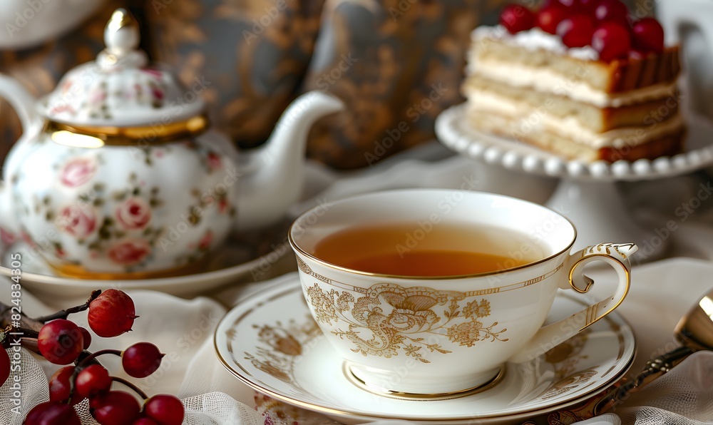 In the foreground a porcelain cup of English tea with a porcelain teapot, Generative AI In the foreground a porcelain cup of English tea with a porcelain teapot, Generative AI