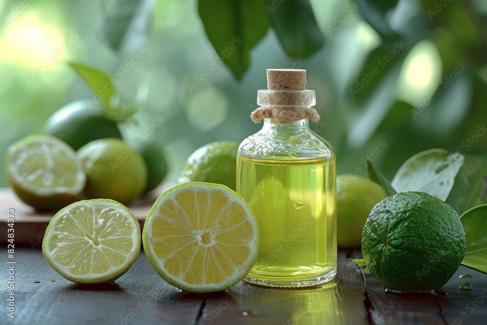 Bottle of lemon essential oil surrounded by ripe, green lemons on a natural background Bottle of lemon essential oil surrounded by ripe, green lemons on a natural background