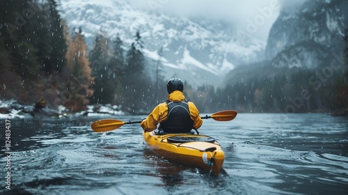 Person in yellow jacket kayaking on a river with snow-covered banks © familymedia
