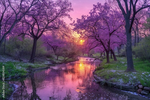 Purple blossom trees in the park, sunrise over a creek