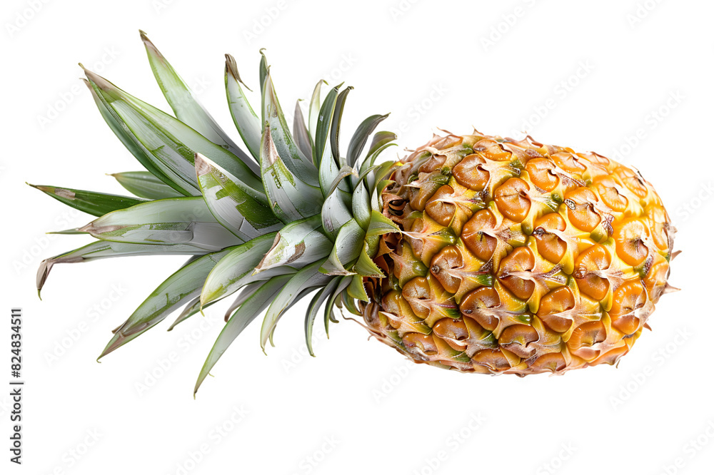 a ripe pineapple with its spiky crown intact, showcasing its golden exterior and juicy flesh, perfect for tropical-themed designs, fruit markets, or summer promotions a ripe pineapple with its spiky crown intact, showcasing its golden exterior and juicy flesh, perfect for tropical-themed designs, fruit markets, or summer promotions