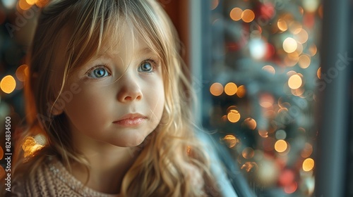Dreamy, serene child by a window with a backdrop of glowing festive lights, symbolizing holiday enchantment