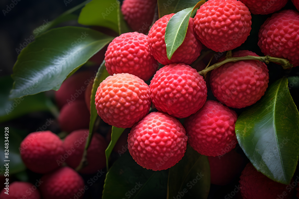 Lychee fruits on the branch of Litchi chinensis tree