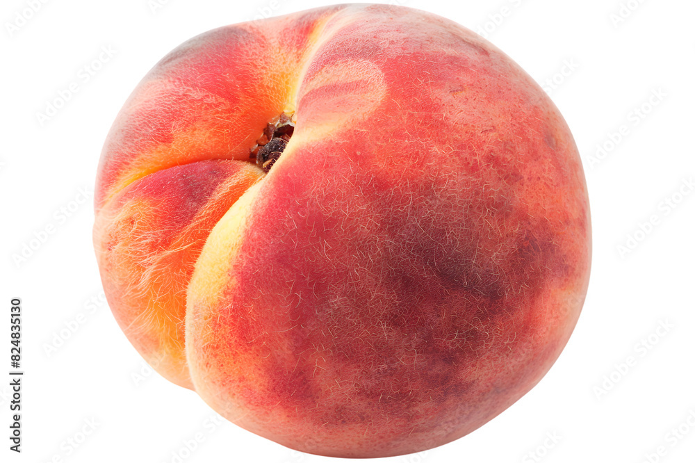 Fototapeta premium a single ripe peach with its fuzzy skin and blush-colored flesh, isolated on a white background, perfect for dessert recipes, fruit salads, or farmers' market advertisements