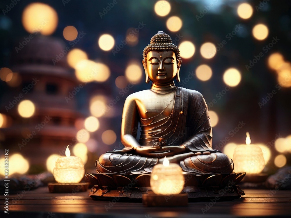 Buddha statue with beautiful night sky background with candles, Vesak day celebration - generative ai