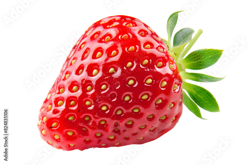a single vibrant red strawberry with its green leaves intact, isolated on a white background, showcasing its juicy texture and sweet flavor, ideal for dessert recipes, fruit salads, or summer-themed d