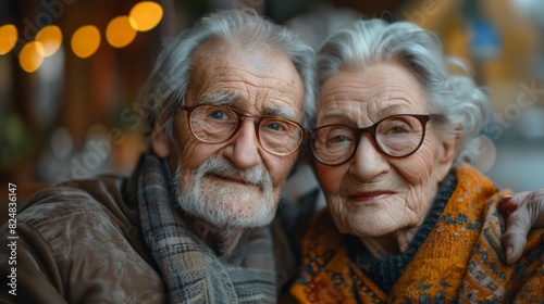 A loving elderly couple with glasses poses closely, showing enduring love and companionship