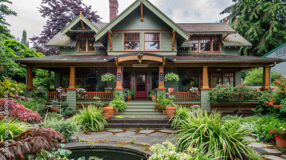 A historic craftsman-style bed and breakfast with a welcoming front porch, decorative gingerbread trim, and a lush, colorful garden with a water feature. 