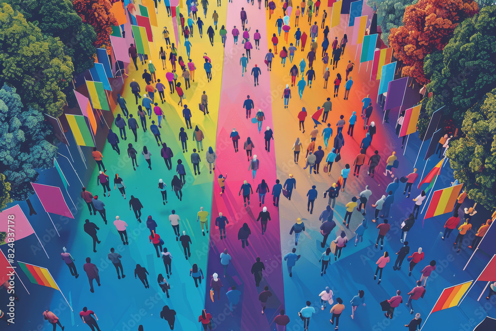 Aerial view of a colorful crowd walking on a vibrant street surrounded by trees and flags, creating a lively and festive atmosphere.