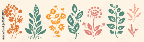 Set of vector abstract flowers with leaves. set of colored silhouettes of floral arrangements. Vector illustration.