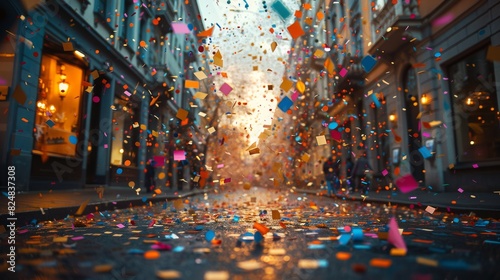 A vibrant city street covered in colorful confetti, evoking a festive atmosphere of celebration or parade