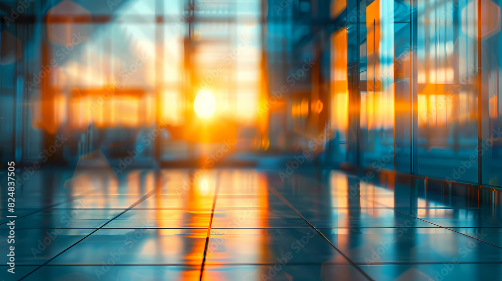 Modern office building interior with glass walls and reflective floors Modern office building interior with glass walls and reflective floors