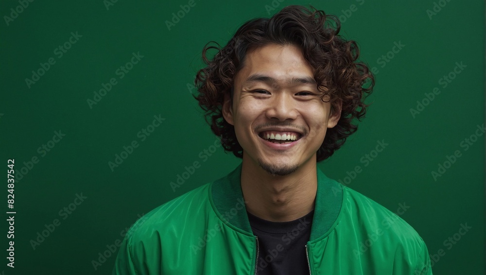 japan, korean or asian young man with curly hairstyle, smiling and laughing, wearing bright green clothes at bright solid green background japan, korean or asian young man with curly hairstyle, smiling and laughing, wearing bright green clothes at bright solid green background