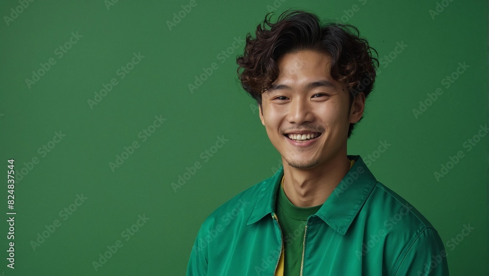 japan, korean or asian young man with curly hairstyle, smiling and laughing, wearing bright green clothes at bright solid green background japan, korean or asian young man with curly hairstyle, smiling and laughing, wearing bright green clothes at bright solid green background