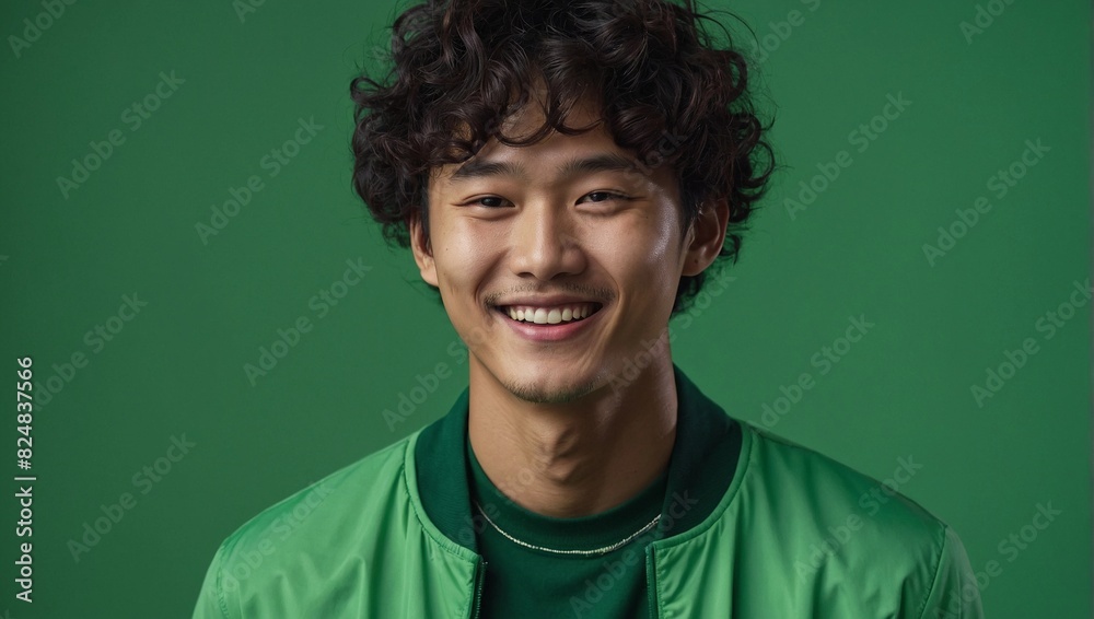 japan, korean or asian young man with curly hairstyle, smiling and laughing, wearing bright green clothes at bright solid green background japan, korean or asian young man with curly hairstyle, smiling and laughing, wearing bright green clothes at bright solid green background