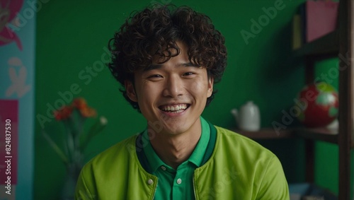 japan, korean or asian young man with curly hairstyle, smiling and laughing, wearing bright green clothes at bright solid green background