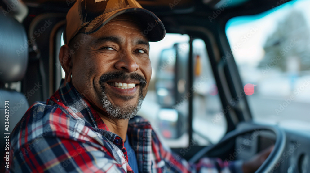 Portrait of happy truck driver looking at camera, with vibrant tones of the truck's interior, moderate depth with vehicle details, confident expression, and clear focus on the driver. Portrait of happy truck driver looking at camera, with vibrant tones of the truck's interior, moderate depth with vehicle details, confident expression, and clear focus on the driver.