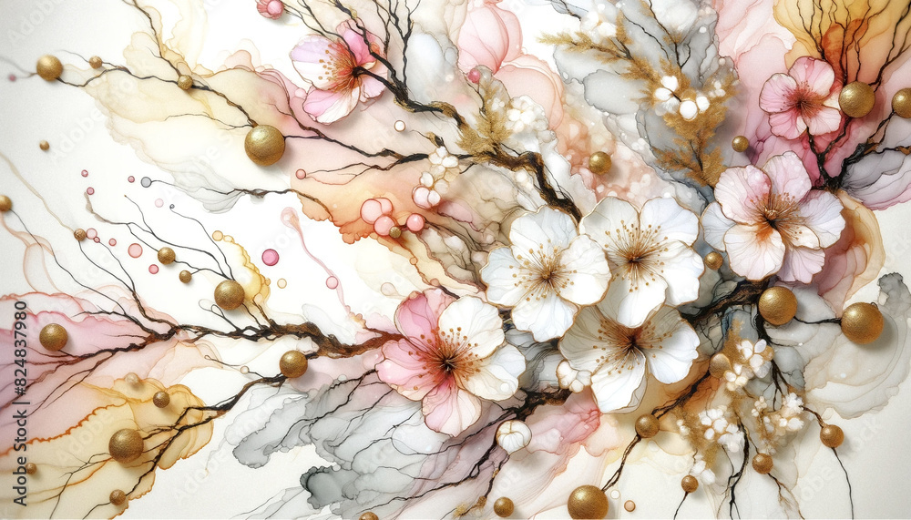 Abstract flowers sakura branch with fluid alcohol ink paint and gold accent soft tones on white background. Abstract flowers sakura branch with fluid alcohol ink paint and gold accent soft tones on white background.