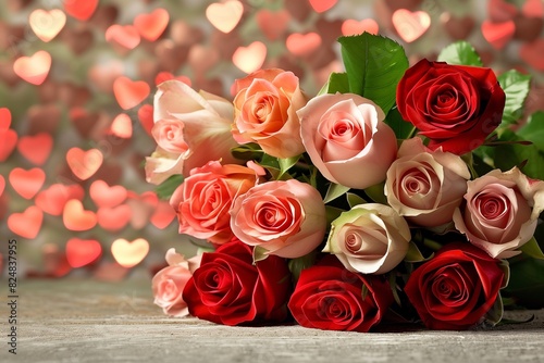 Roses Bouquet and Hearts background. Valentine or Wedding background
