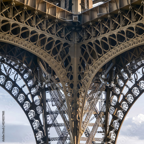 Image focusing on the intricate details of the Eiffel Tower's ironwork, showcasing the intricate latticework and ornate details, highlighting the engineering and craftsmanship that went into building 