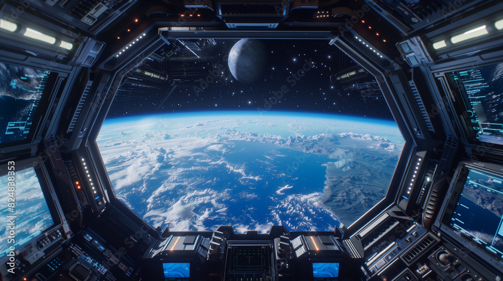 Fototapeta premium Alien Invasion from the Perspective of Aliens: The view from inside an alien spaceship, looking down on Earth as they prepare to invade, with alien technology and control panels in the foreground
