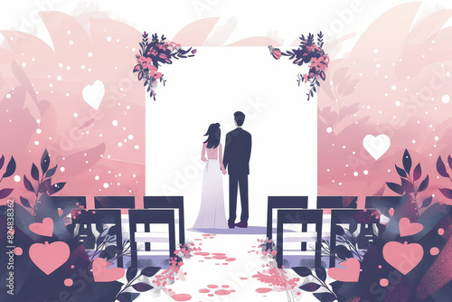 Couple standing at wedding altar in romantic setting. Beautiful ceremony with floral decorations and hearts. Artistic illustration.