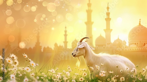 goat on the background of a Muslim mosque  the theme of the holiday Eid al-Adha