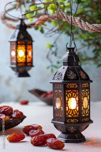Muslim lantern on white background, Eid al-Adha holiday theme