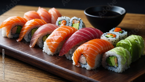 An elegant sushi platter with assorted sushi rolls, sashimi, and nigiri, garnished with pickled ginger, wasabi, and soy sauce. The presentation is on a traditional Japanese wooden board.