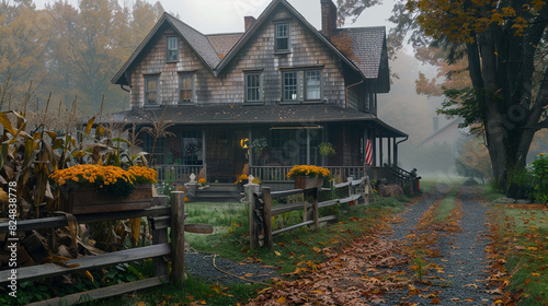 A misty, autumn morning, and the exterior of a 1905 craftsman farmhouse, with its rustic, wooden siding, a wide, covered porch, and a seasonal display