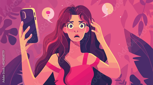 Confused girl looking on screen telephone flat vector