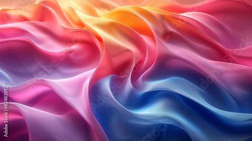 A vibrant gradient of pink, orange, and blue across flowing waves of digital silk fabric