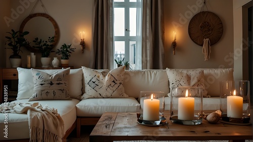 A lovely residence with a modern bohemian living room d  cor. A white sofa  ornamental pillows  a wooden table with candles  and natural ornaments make up a basic  inviting living room.