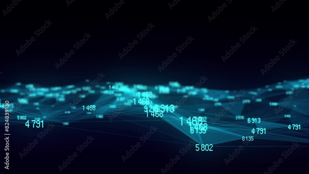 Abstract wave of dots and lines. Digital stream binary code, blue matrix. Blockchain concept and data transfer system. Programming, coding, hacking. Network connection. 3d rendering.