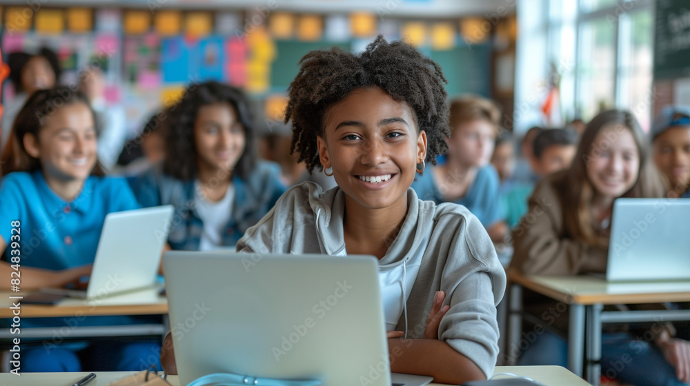 Happy group of high school students e-learning on laptop in the classroom, with neutral tones of classroom colors, high depth with educational details, engaged expressions, and collaborative learning.