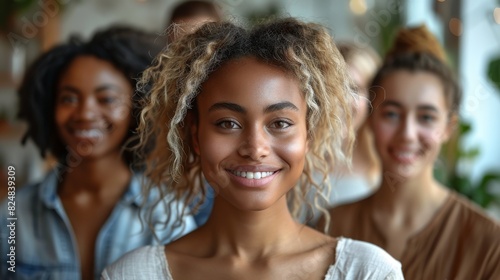 A close-up portrait of a beautiful young woman smiling, with friends in soft focus behind her