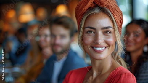Beautiful woman with a headscarf is smiling with her friends enjoying a moment in a cafe © familymedia