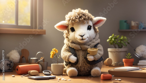 stuffed animal lamb is sitting on a table holding a teacup photo