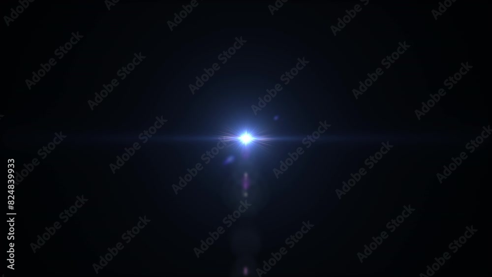 Loop center flickering white blue star rays lights optical lens flares shine long arm animation art on black abstract background. 
