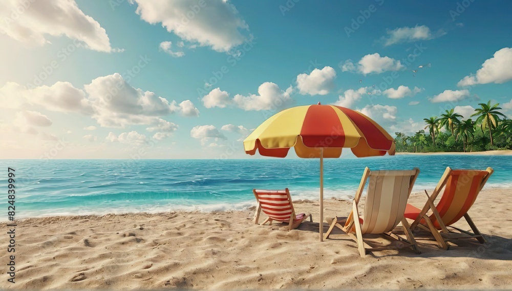 beach chair and umbrella on beach in summer 
